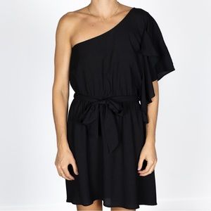 Small one shoulder black dress with tie waist